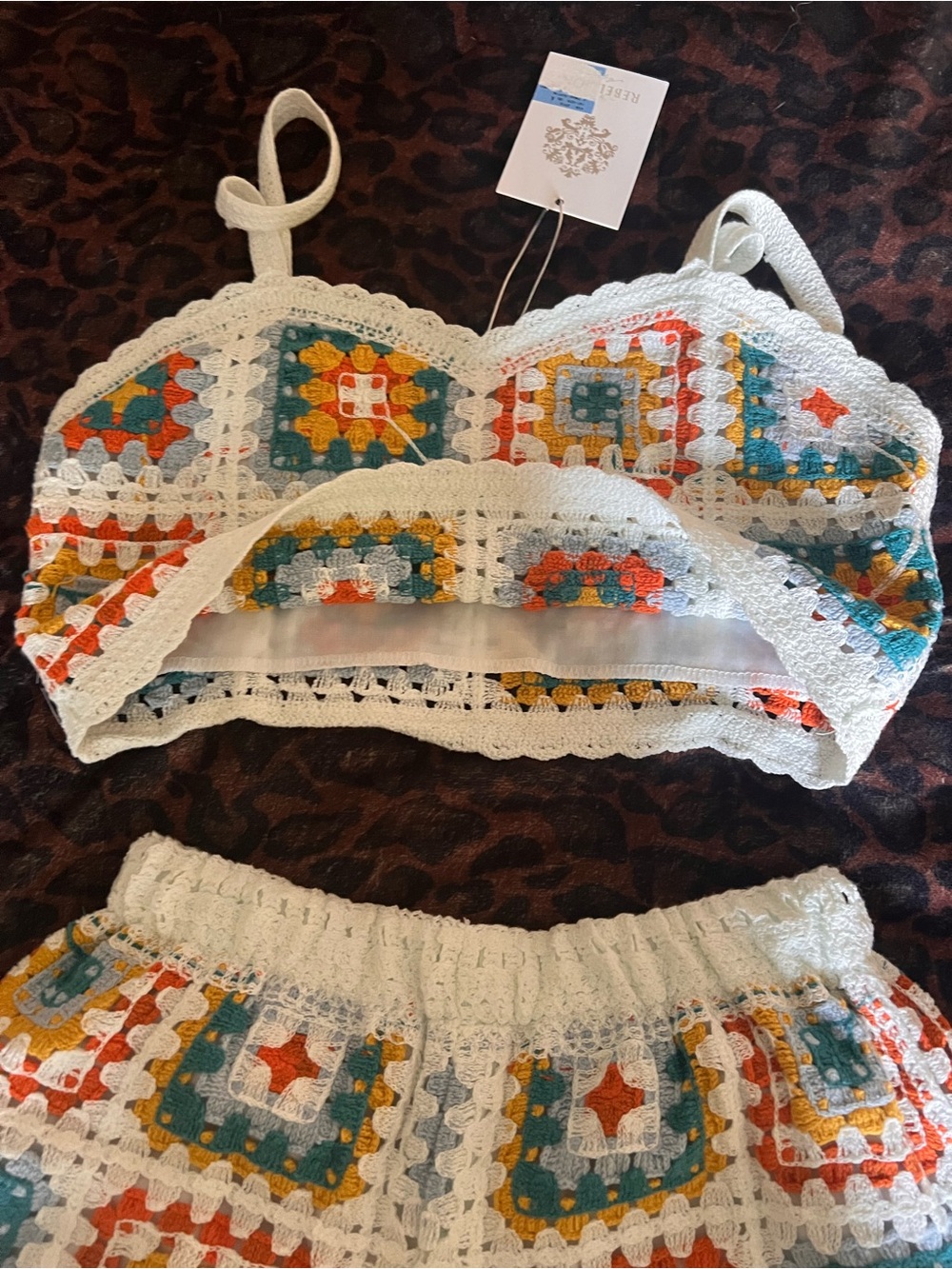 Rebellion White Crochet Two-Piece Set with Teal, Yellow, and Orange Accents - Picture 4 of 7